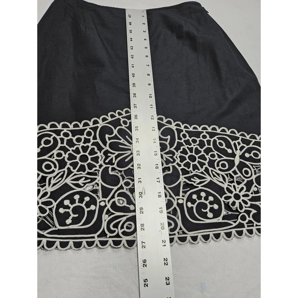 Carlisle Black Linen Cotton Floral Eyelet Embroidered‎ Scalloped Pencil Skirt 8